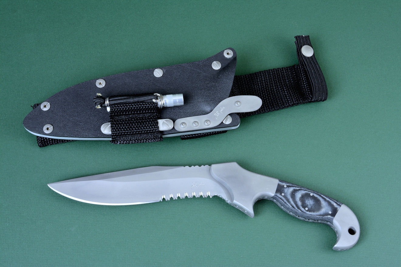 "Alastor" Tactical, Combat, counter terrorism knife, obverse side view in ATS-34 high molybdenum stainless steel blade, 304 stainless steel bolsters, Black/Gray G10 fiberglass/epoxy composite laminate handle, hybrid tension-locking sheath in kydex, aluminum, stainless steel, titanium