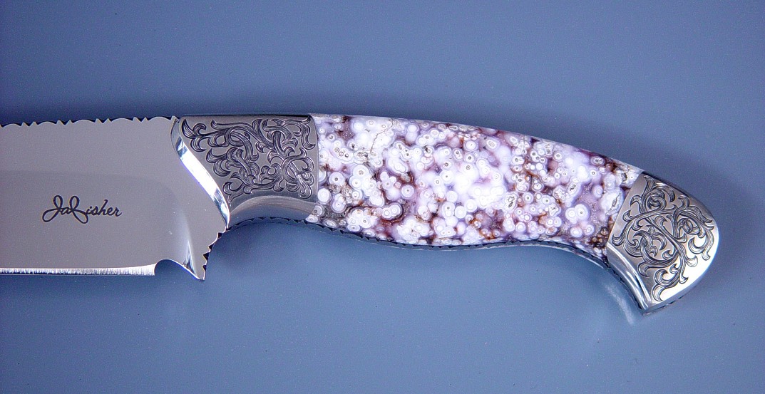 "Alegre" 440C high chromium stainless steel blade, fully fileworked, mirror finished, hand-engraved 304 stainless steel bolsters, Orbicular Amethyst Gemstone handle