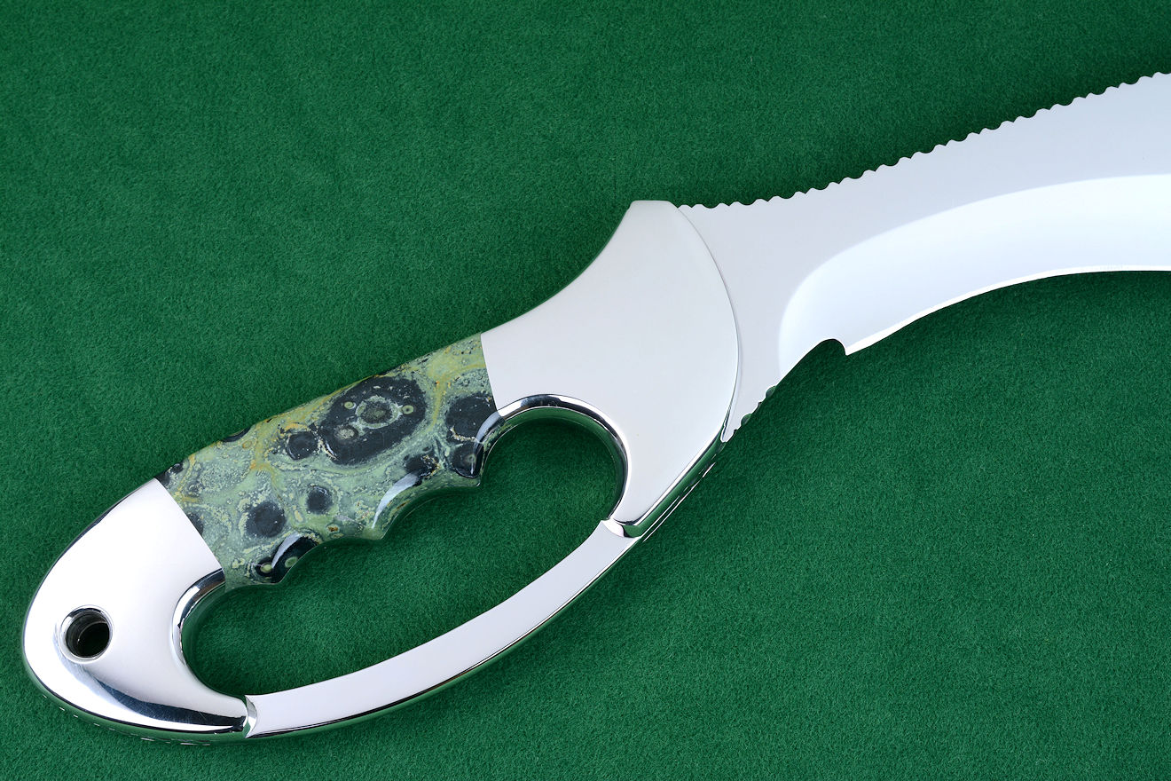 "Ananke" fine custom handmade knife, reverse side view in ATS-34 high molybdenum stainless steel blade, 304 stainless steel bolsters, Kambaba Jasper gemstone handle, hand-carved leather sheath inlaid with buffalo skin