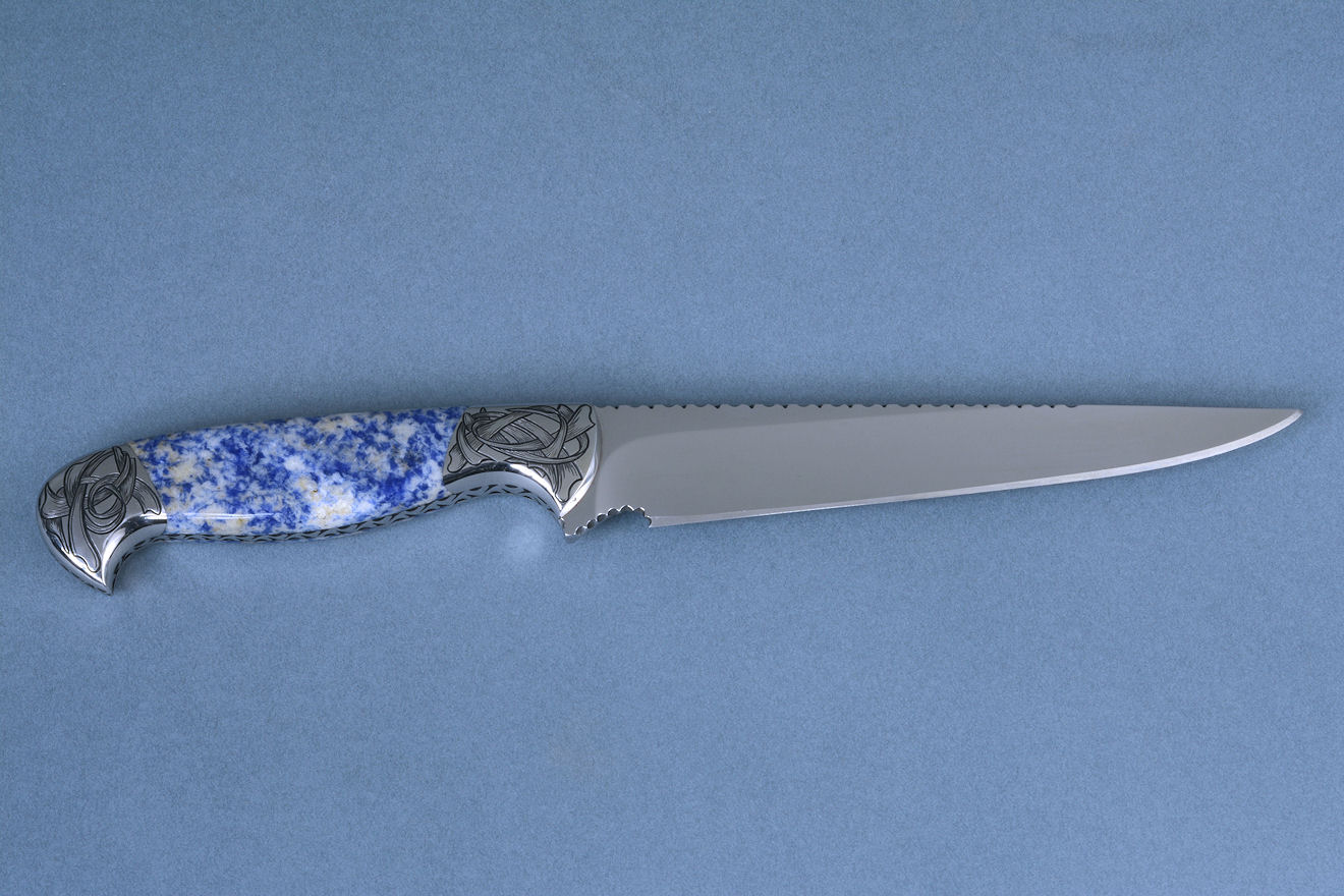 "Antheia" boning, carving, trimming, knife "Eridanus" in mirror polished 440C high chromium stainless steel blade, hand-engraved 304 stainless steel bolsters, blue willow sodalite gemstone handle