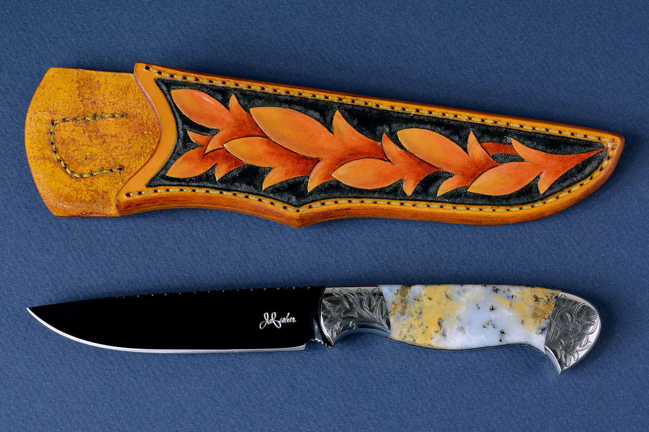 "Aquila" obverse side view in mirror polished and hot blued O1 high carbon tungsten-vandium tool steel blade, hand-engraved 304 stainless steel bolsters, Golden Plume Agate gemstone handle, hand-carved, hand-dyed leather sheath