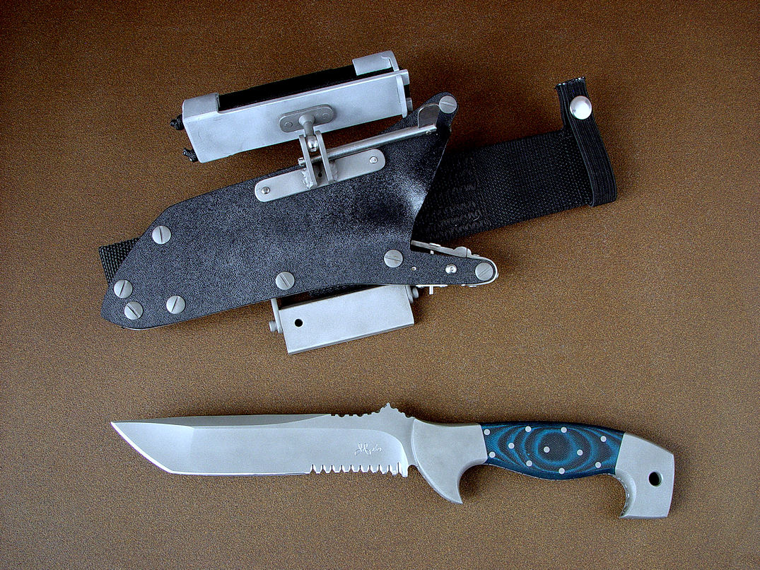 "Arctica" obverse side view of counterterrorism, combat, professional service knife  in ATS-34 high molybdenum stainless steel blade, 304 stainless steel bolsters, blue/black G10 fiberglass/epoxy composite handle, locking kydex, aluminum, stainless steel sheath with ultimate belt loop extender, firestarter, sharpener, and HULA advanced flashlight holder