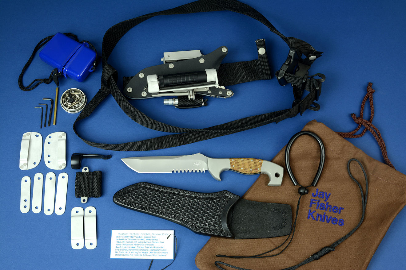 "Arctica" tactical, combat, rescue, survival knife with all accessories: leather sheath, locking kydex sheath, Ultimate Belt Loop Extender, Magnesium/Firesteel Firestarter, HULA with MagTac Flashlight LIMA with LED Maglite Solitaire, sternum harness plus, belt loops, clips, stainless steel hardware, SCUBA and Paracord lanyards, archival nameplate, heavy canvas embroidered bag