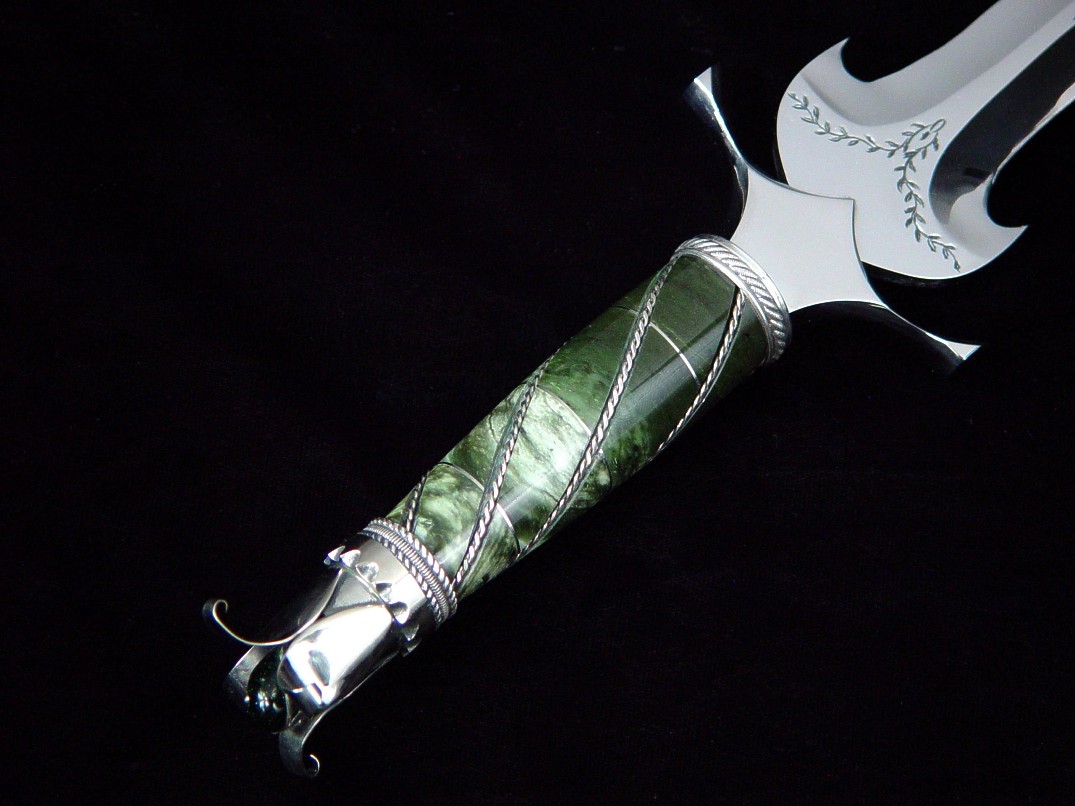 "Ariel" custom Athane Dagger in hand-engraved 440C high chromioum stainless steel blade, sterling silver and nickel silver in fluted twist Nephrite Jade gemstone handle, pommel if 304 stainless steel and Italian green goldstone gemstone handle, hand-tooled leather sheath