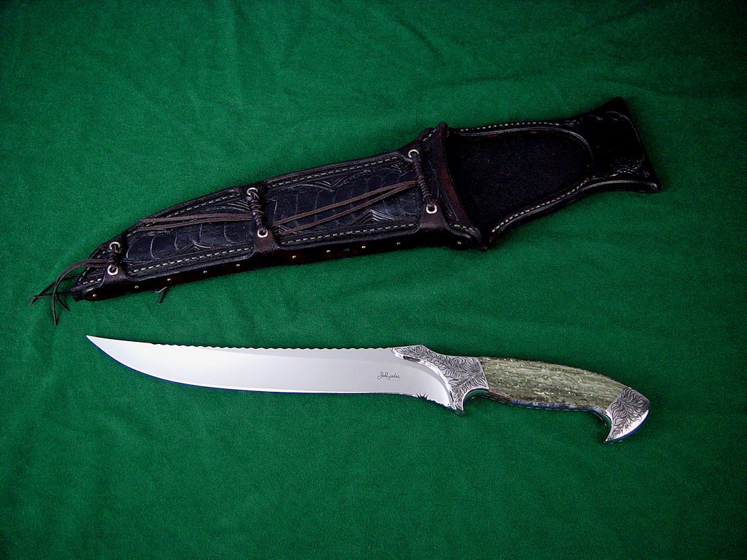 "Astarion" 440C high chromium stainless steel blade, 304 hand-engraved stainless steel bolsters, Nephrite Jade/Moss Agate doublet gemstone handle, carved and inlaid sheath of ostrich leg inlaid in hand-tooled leather