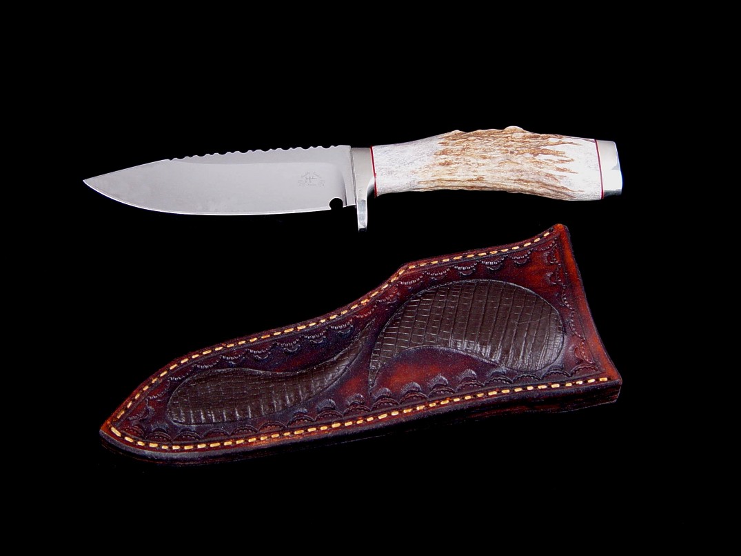 "Berger" custom handmade knife in bead blasted D2 high carbon die steel blade, nickel silver guard, Staghorn handle, Faux lizard inlaid in hand carved leather sheath
