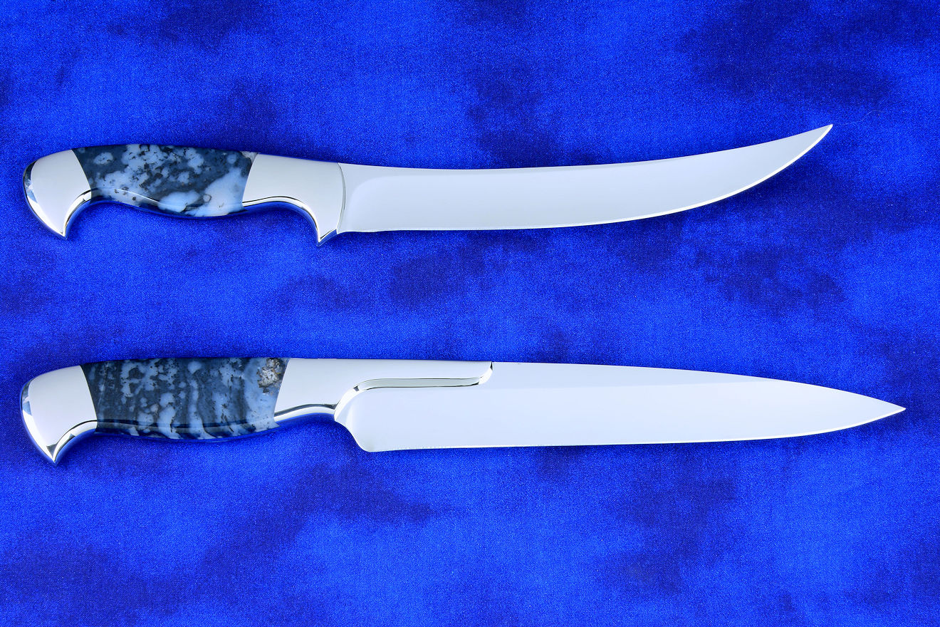 "Bordeaux and Courbe" Professional Chef's Knives/BBQ Knives, reverse side view  in T3 cryogenically treated 440C high chromium martensitic stainless steel blades, 304 stainless steel bolsters, Night Leopard Agate gemstone handles, case in American Bison, leather shoulder, stainless steel