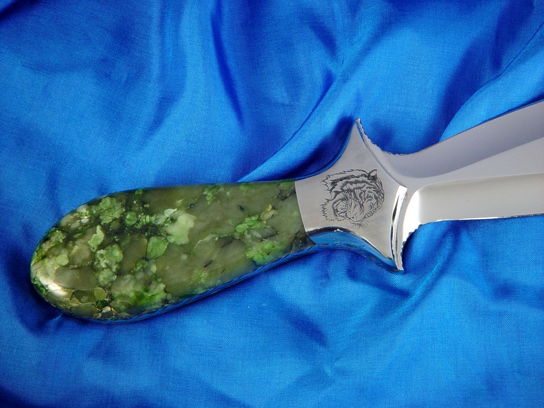 "Cassini" athame dagger: 440C stainless steel blade, hand-engraved 304 stainless steel bolsters, British Colombian Jade handle, hand-carved and tooled, engraved leather sheath