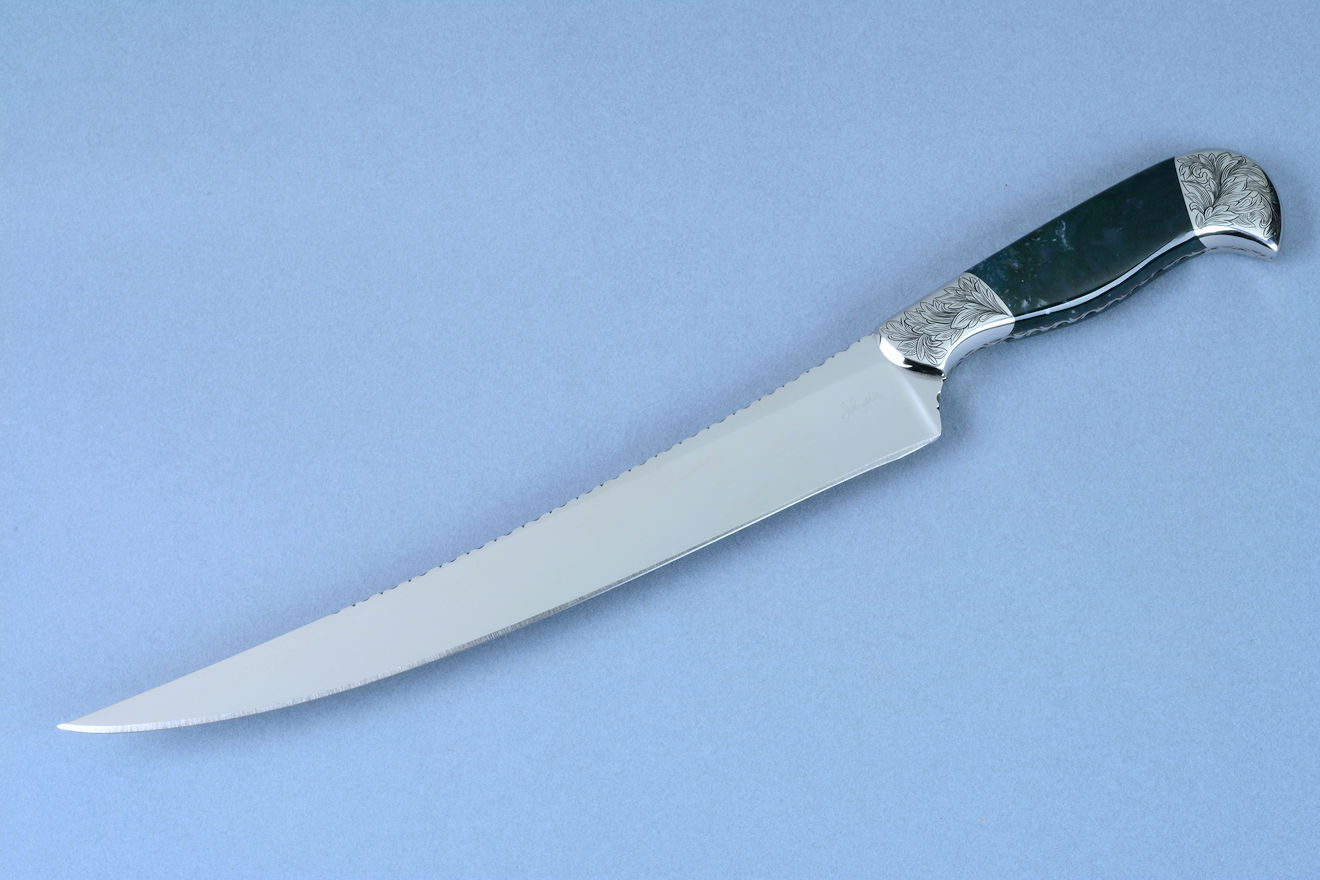 "Tsih" (Cassiopeia chef's set) Slicing, boning, fillet  knife, obverse side view  in T3 cryogenically treated 440C high chromium stainless steel blade, hand-engraved 304 stainless steel bolsters, Indian Green Moss Agate gemstone handle