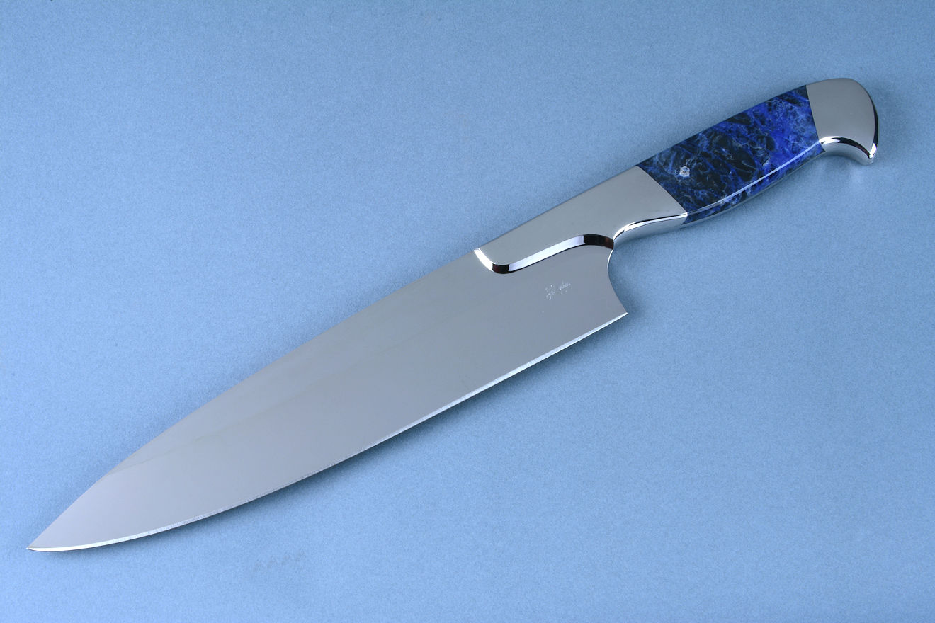 "Concordia" chef's knife  in 440C high chromium stainless steel, T3 cryogenically treated blade, 304 stainless steel bolsters, Sodalite gemstone handle, stand of American Black Walnut, Poplar, Sodalite, Black Galaxy Granite