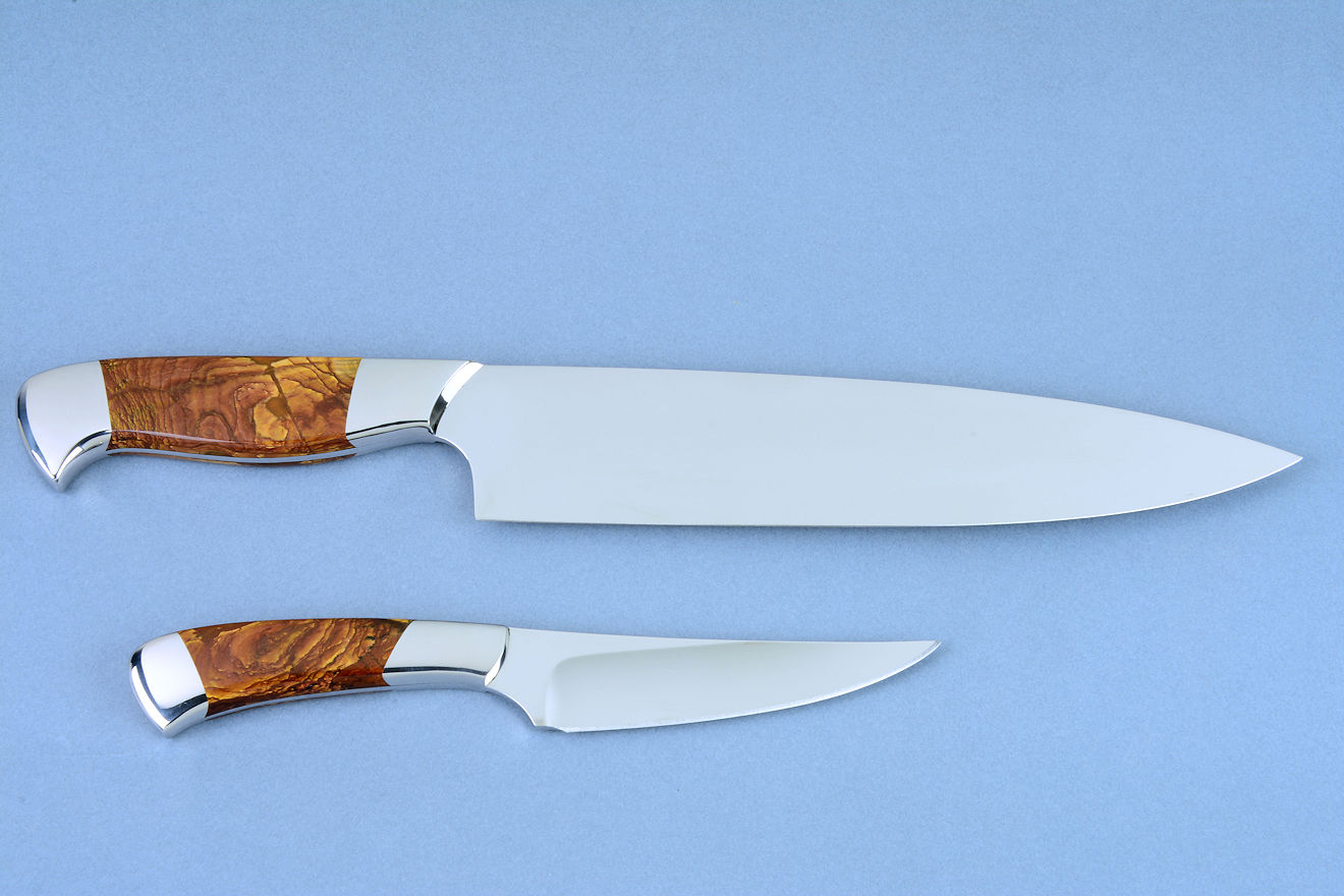 "Concordia and Talitha" professional chef's knives in T3 Cryogenically treated CPM154CM high alloy powder metal technology stainless steel blades, 304 stainless steel bolsters, Deschutes Jasper gemstone handles