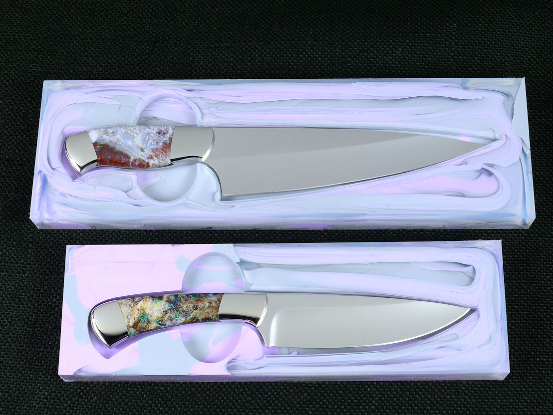 Corvus, CygnusST Chef's knives, prise matched knives, in CPM154CM powder metal technology and 440C high chromium martensitic stainless steel blades, T3 deep cryogenically treated, 304 stainless steel bolsters, Bay of Fundy Agate and Kaleidoscope stone gemstone handles, hand-cast, hand-dyed silicone prises