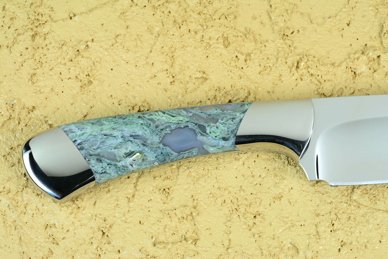 "Cygnus EL" gemstone handle close view in CPM 154CM powder metal technology high molybdenum martensitic stainless steel blade, T3 cryogenically treated, 304 stainless steel bolsters, Horse Canyon Plume Agate gemstone handle, hand-dyed  high strength silicone prise