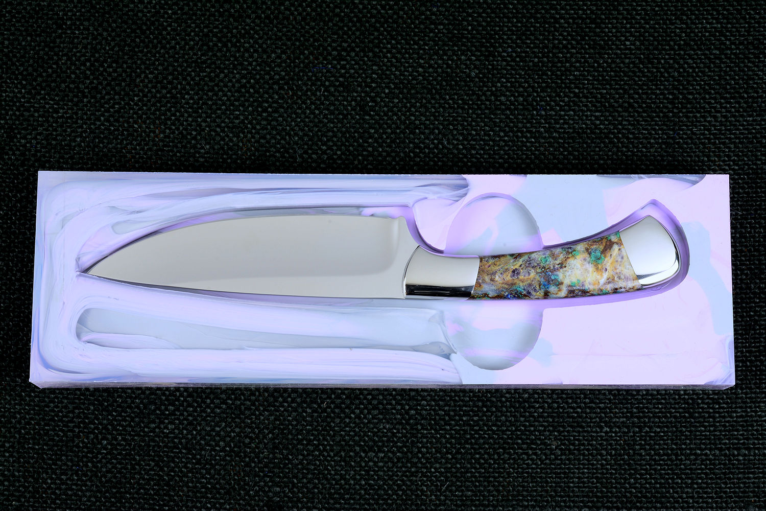 Cygnus ST in CPM154CM powder metal technology high molybenum stainless steel, T3 Deep cryogenically treated blade, 304 stainless steel bolsters, Kaleidoscope Stone gemstone handle, hand-dyed, hand-cast silicone prise