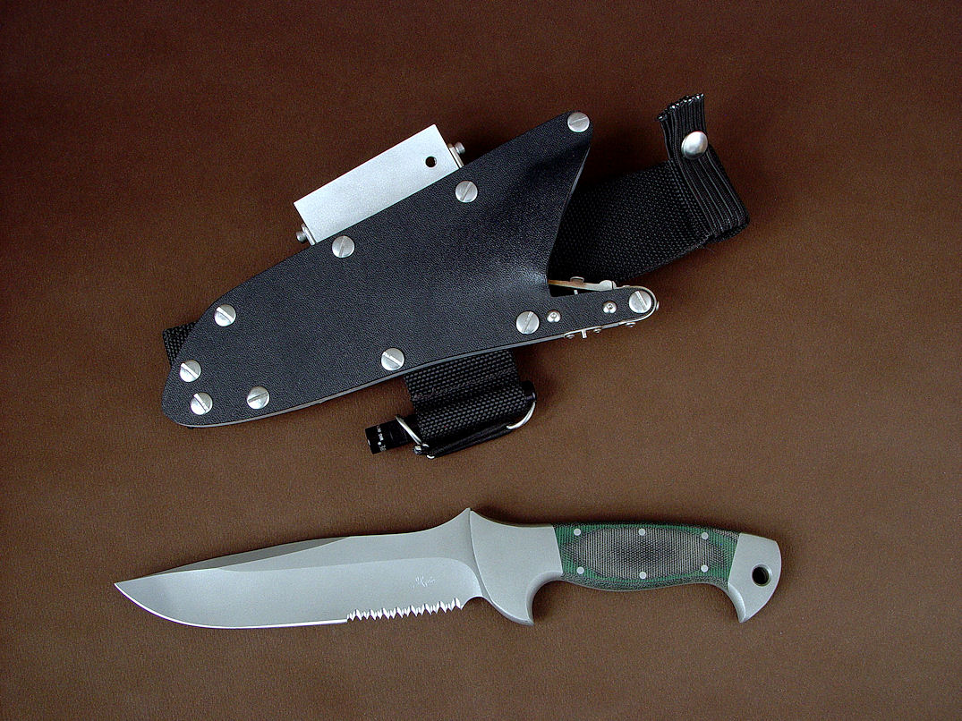 "Diegylis" counterterrorism combat tactical knife, obverse side view in 440C high chromium stainless steel blade, 304 stainless steel bolsters, green and black Micarta phenolic handle, locking kydex, aluminum, stainless steel sheath with ultimate belt loop extender with magnesium firesteel fire starter, Maglight Solitaire Flashlight, diamond pad sharpener