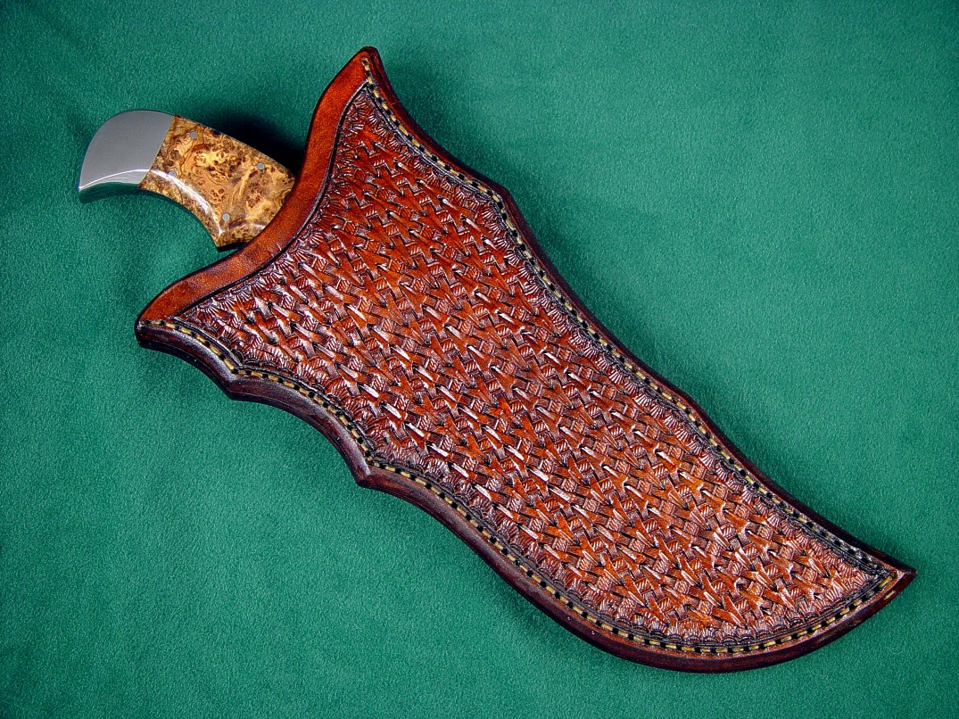 Complex "weave and tucked" basketweave hand stamped leather sheath on "Flamesteed" knife