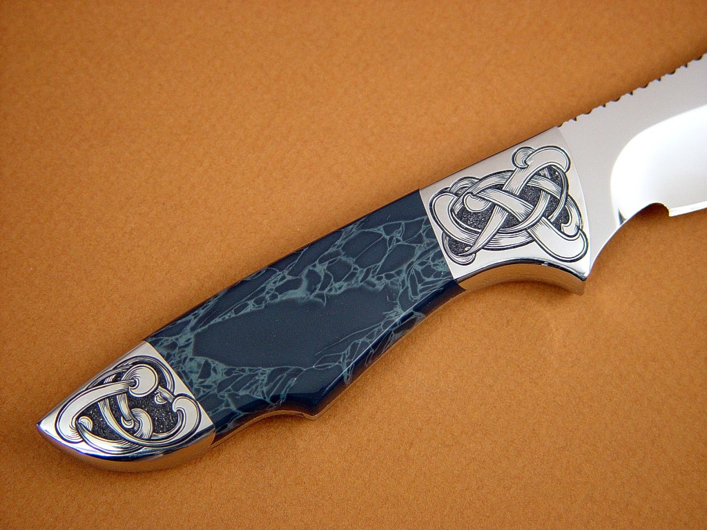 "Furud" in 440C high chromium stainless steel blade, hand-engraved 304 stainless steel bolsters, Spiderweb Obsidian gemstone handle, Shark skin inlaid in hand-carved leather sheath