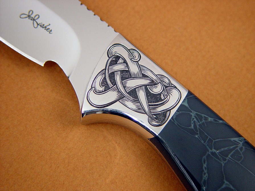 "Furud" obverse side view: 440C high chromium stainless steel blade, hand-engraved 304 stainless steel bolsters, Spiderweb Obsidian gemstone handle, Shark skin inlaid in hand-carved leather sheath
