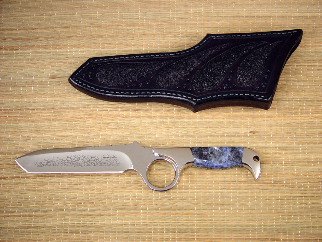 "Gibson Trailhead" 440C high chromium stainless steel blade, 304 stainless steel bolsters, Sodalite gemstone handle, black rayskin inlaid in hand-carved leather sheath