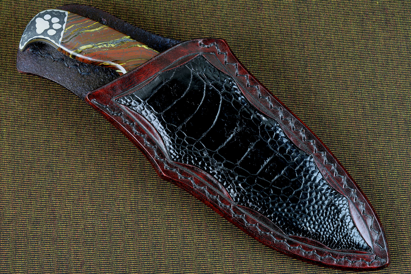 "Hooded Warrior" sheathed view, ostrich leg skin inlaid in hand-carved leather