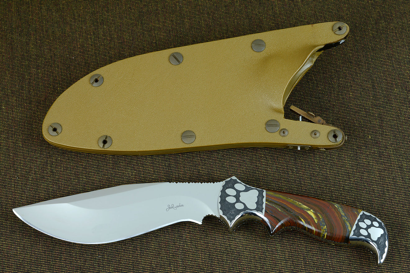"Hooded Warrior" obverse side view in ATS-34 high molybdenum stainless steel blade, hand-engraved 304 stainless steel bolsters, Australian Tiger Iron gemstone handle, locking kydex, aluminum, stainless steel sheath