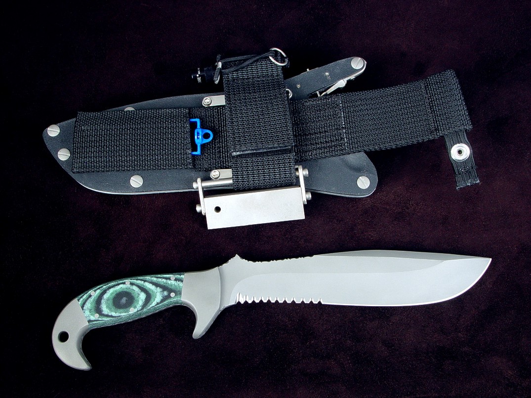 "Imamu" reverse side view in ATS-34 high molybdenum stainless steel blade, 304 stainless steel bolsters, green, black, pistachio G10 fiberglass epoxy composite handle, locking kydex, aluminum, stainless steel sheath with full accessories
