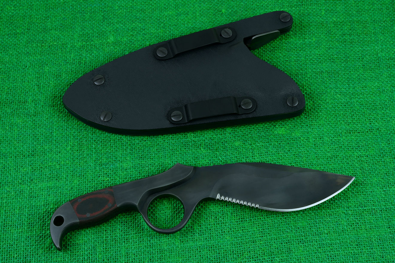 "Kairos" professional counterterrorism tactical knife, reverse side view. Sheath back showing one location and placement of die-formed anodized aluminum belt loops