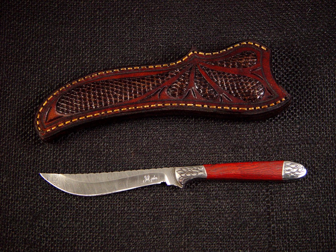 "Kineau" in stainless steel damascus blade, hand-engraved 304 stainless steel bolsters, banded Jasper-Hematite gemstone handle, lizard skin inlaid in hand-carved leather sheath