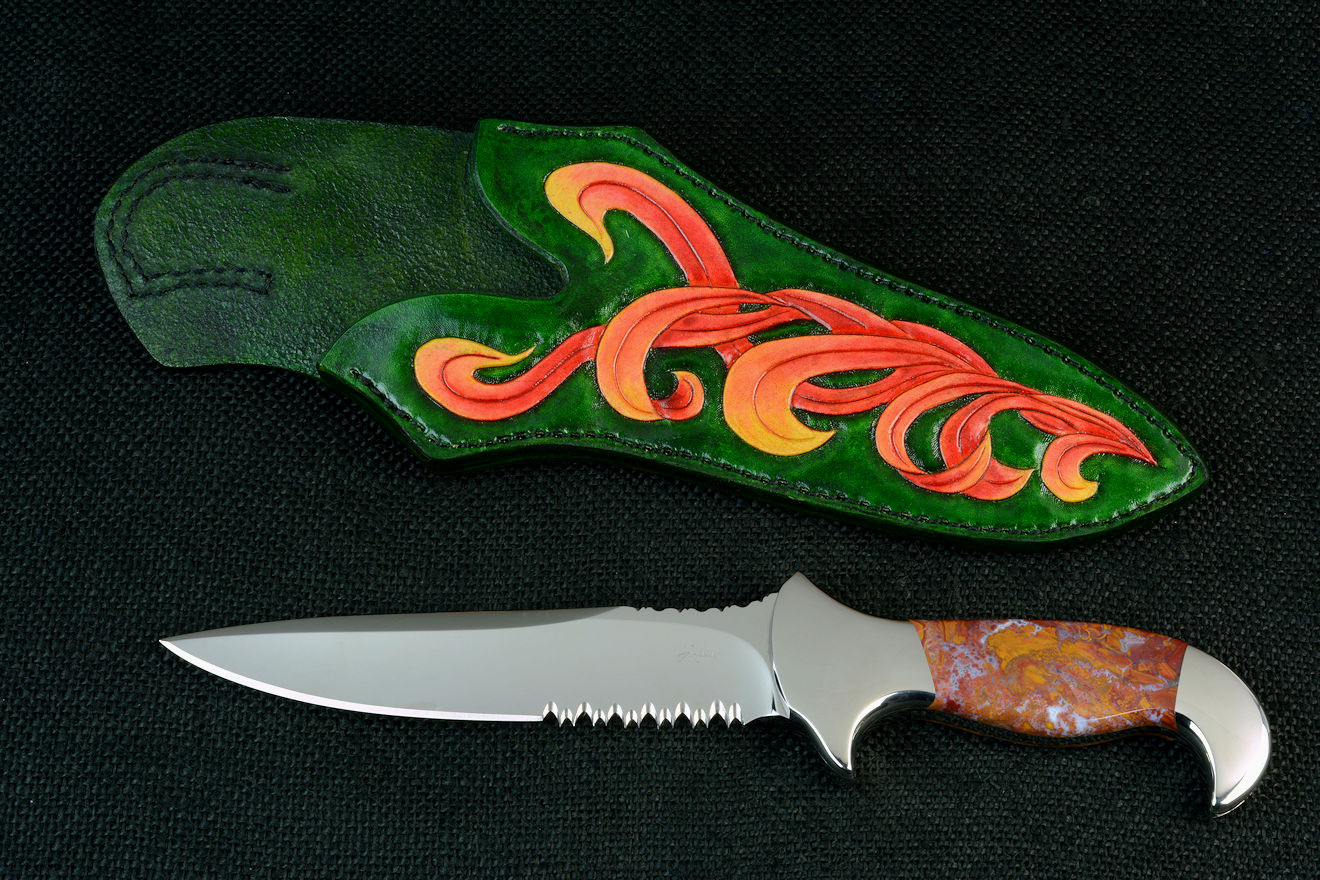 "Macha Navigator" obverse side view in 440C high chromum T3 cryogenically processed stainless steel blade, 304 austenitic stainless steel bolsters, Roostertail Agate gemstone handle, hand-carved, hand-dyed leather sheath