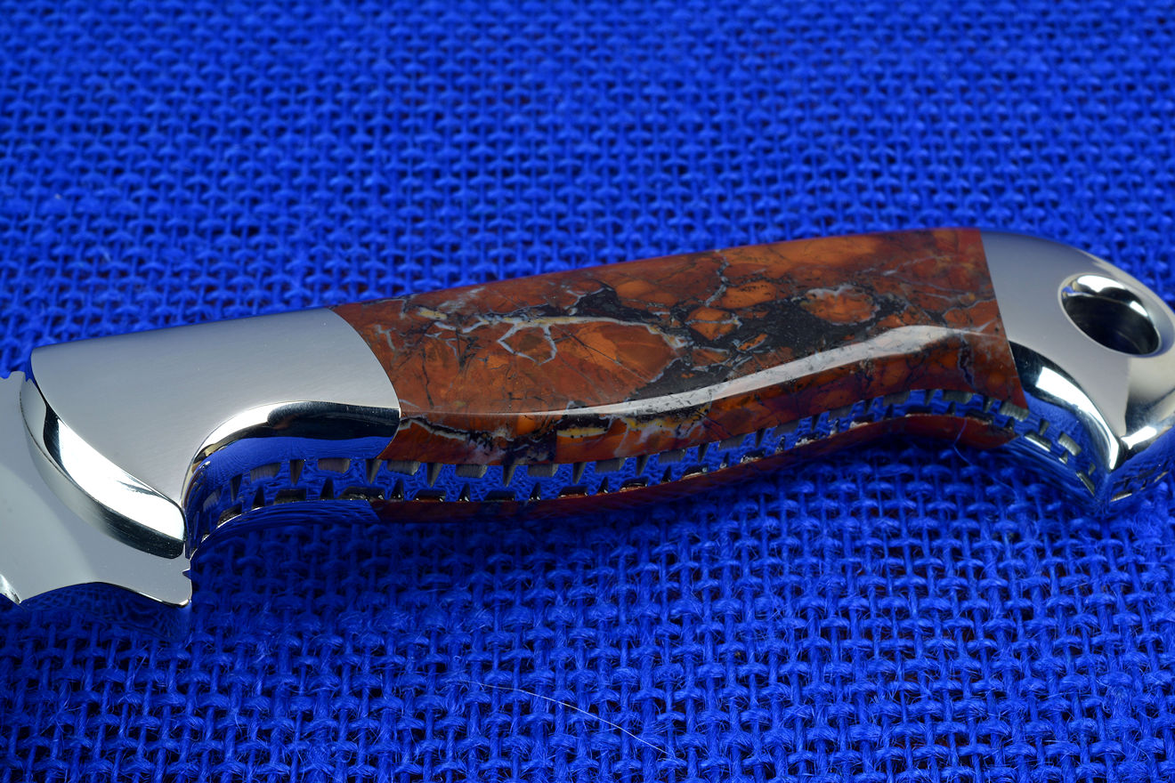 "Mariner" Sailor's Knife with "Seahawk" marlinspike, obverse side view in 440C high chromium martensitic stainless steel blade, T3 cyrogenic treatment, 304 stainless steel bolsters, Stone Canyon Jasper gemstone handle, hand-carved leather sheath inlaid with shark skin