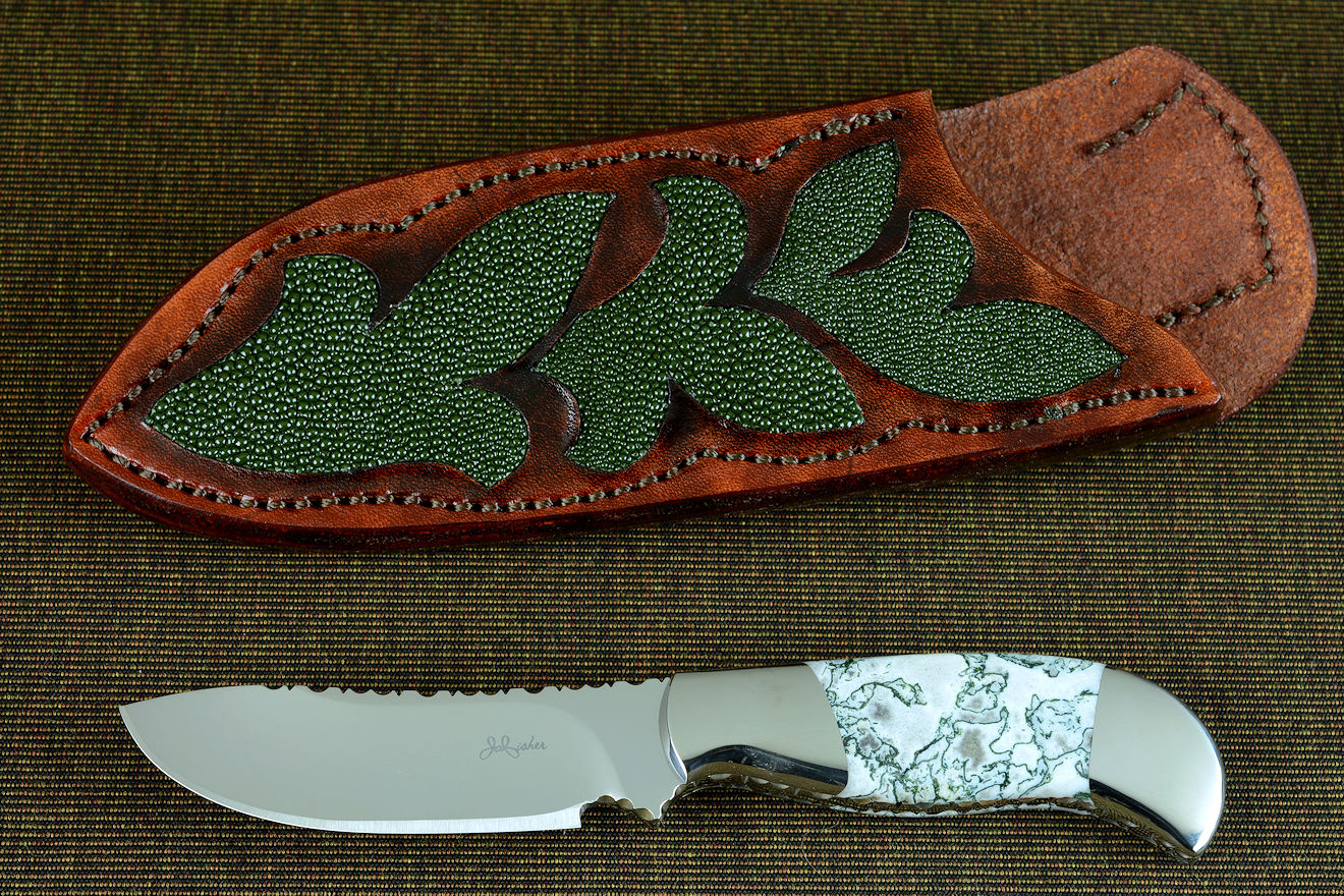 "Menkar" obverse side view in CPM154CM powder metal technology tool steel blade, 304 stainless steel bolsters, Dendritic Agate gemstone handle, hand-carved, hand-dyed leather sheath inlaid with green rayskin