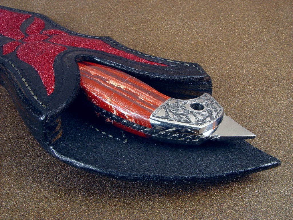 "Mercurius Magnum" Tactical Art Knife, obverse side view: 440C high chromium stainless tool steel blade, hand-engraved 304 stainless steel bolsters, Australian Snakeskin Jasper gemstone handle, red stingray skin inlaid in hand-carved leather sheath