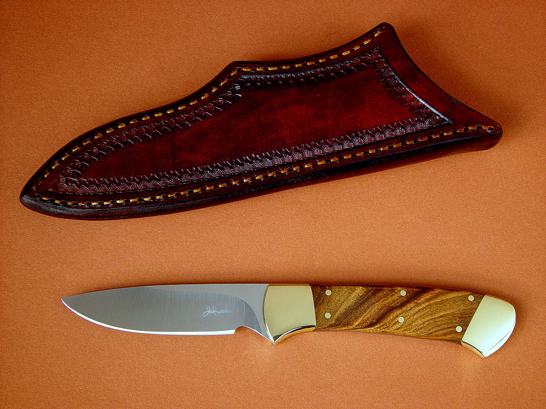 "Mirach" obverse side view in satin finished 440C high chromium stainless steel blade, brass bolsters, African Sandalwood hardwood handle, hand-tooled leather sheath