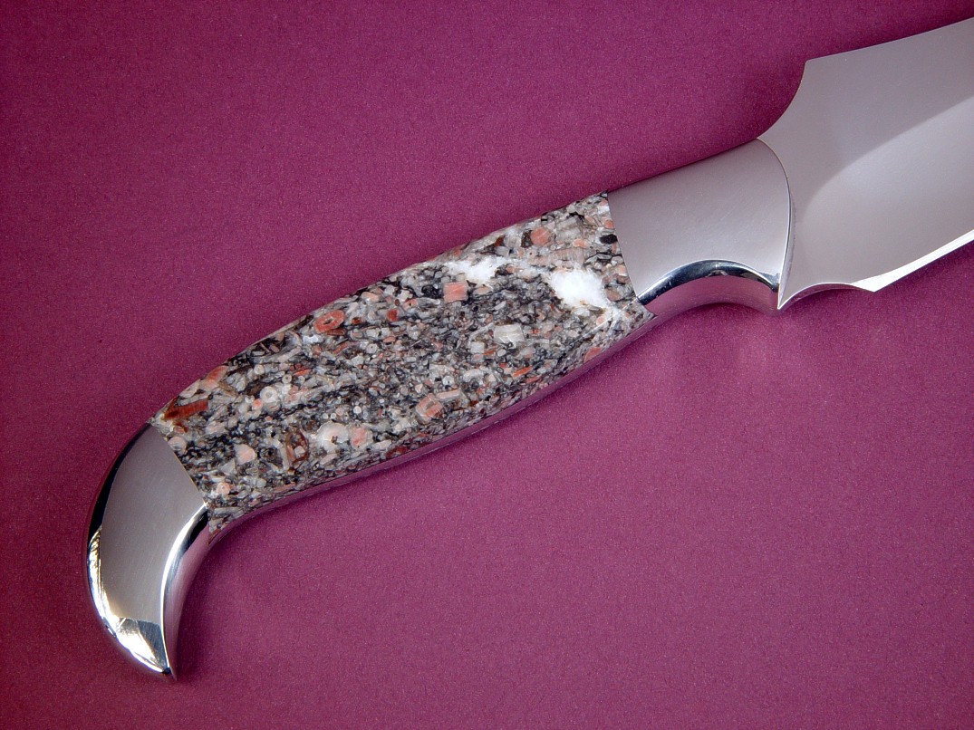 "Nereid" obverse side view in 440C high chromium stainless steel blade, 304 stainless steel bolsters, Fossilized Crinoid Marble gemstone handle, brown Stingray skin inlaid in hand-carved leather sheath