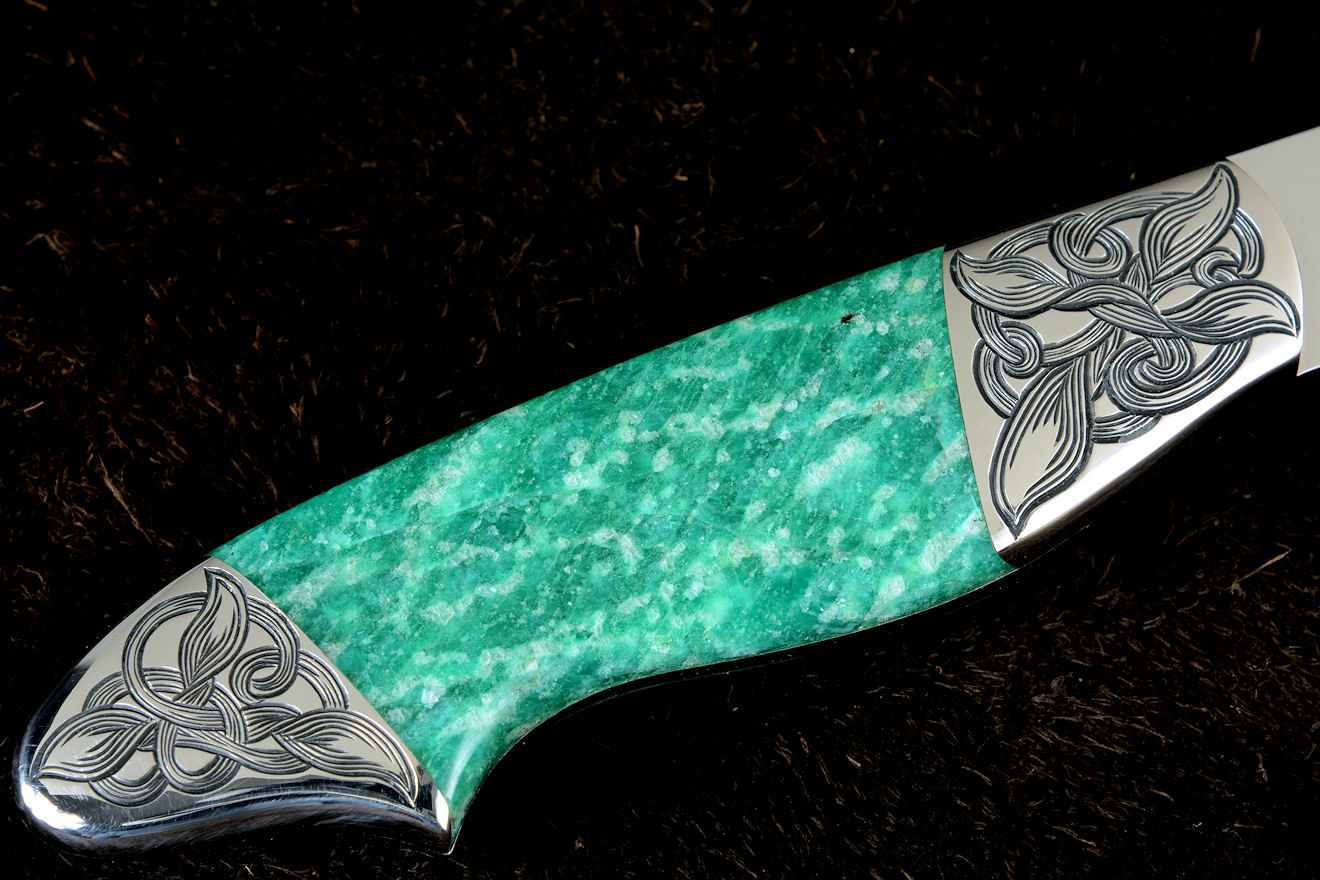 "Nihal" obverse side view in 440C high chromium stainless steel blade, hand-engraved 304 stainless steel bolsters, Amazonite gemstone handle, hand-carved, hand-dyed leather sheath