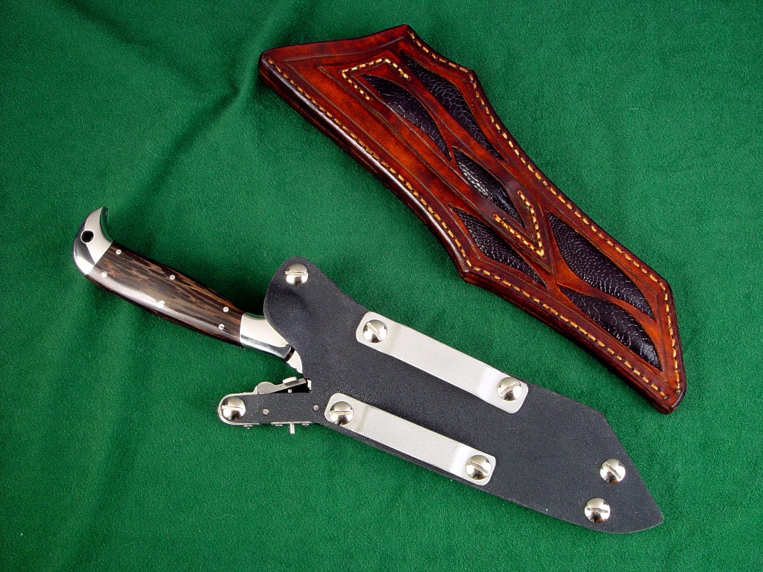 Two knife sheaths for PJLT with black palmwood handle. One is locking kydex, aluminum, and stainless steel, other is black ostrich leg skin inlaid in hand-carved leather shoulder
