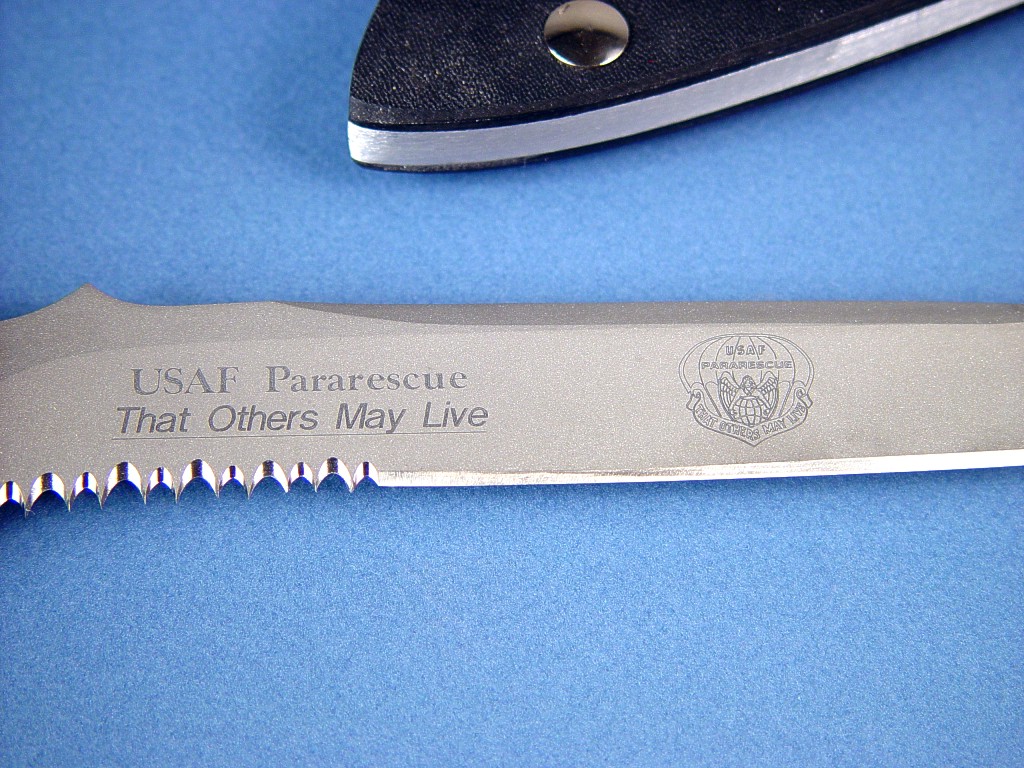 United States Air Force Pararescue knife: PJLT in bead blasted 440C stainless steel blade, custom engraved.