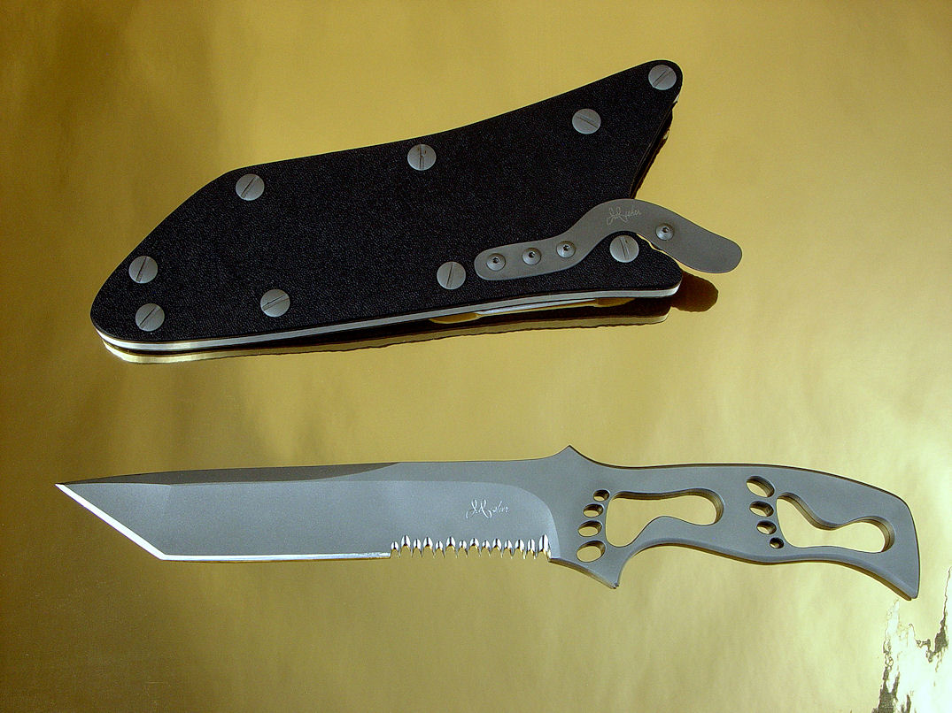 "PJSK Viper" skeletonized tactical combat, rescue, CSAR knife obverse side view in ATS-34 high molybdenum stainless steel blade, kydex, aluminum, stainless steel, titanium