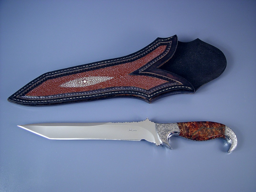 "Phobos" Obverse side view: 440C high chromium stainless steel blade, hand-engraved 304 stainless steel bolsters, Brown Micaceous Hematite Gemstone handle, brown rayskin inlaid in leather sheath