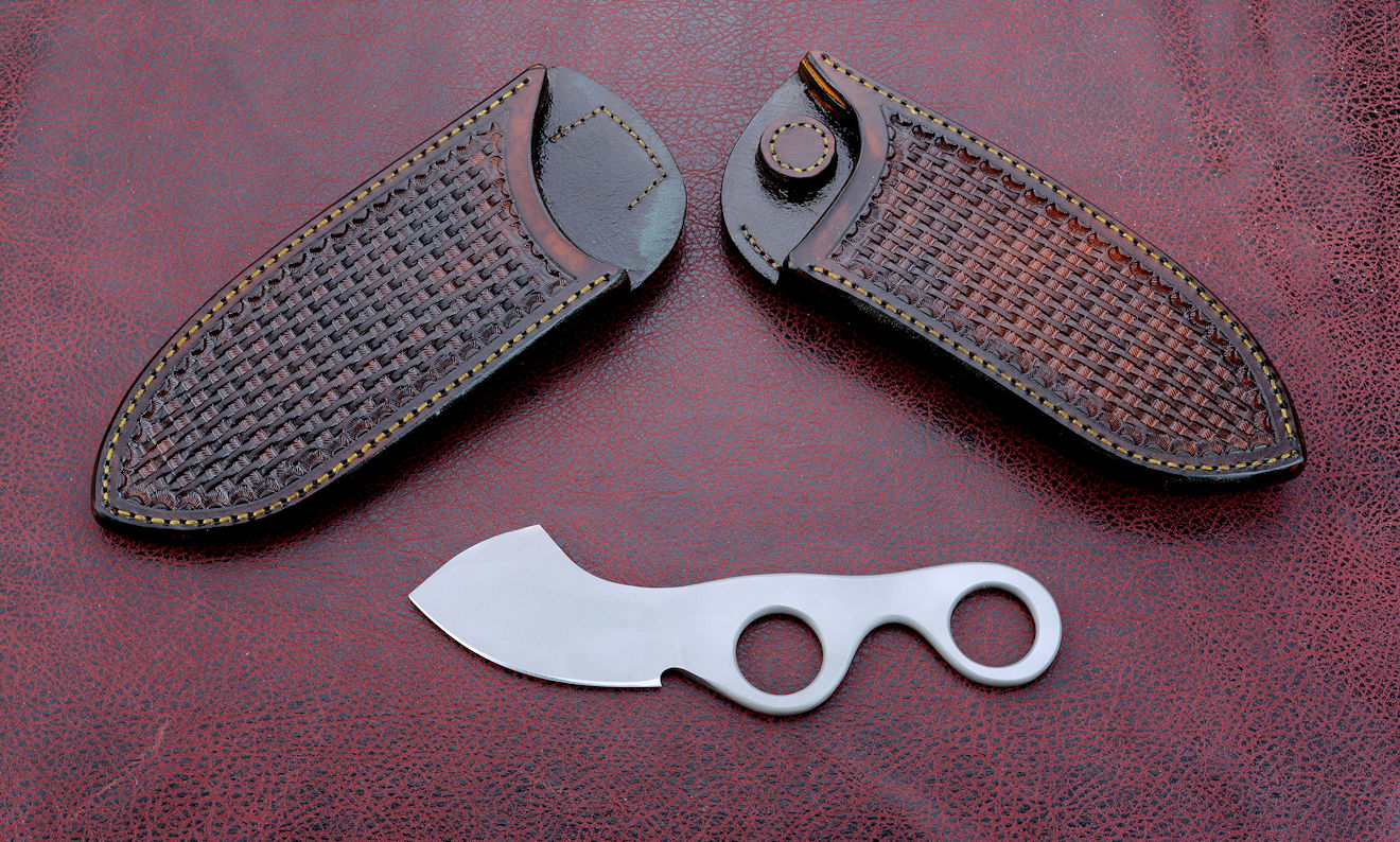 "Random Access Three" obverse side view in CPM154CM powder metal technology high molybdenum stainless steel blade, vertical and horizontal sheaths in hand-stamped brown basketweave leather shoulder