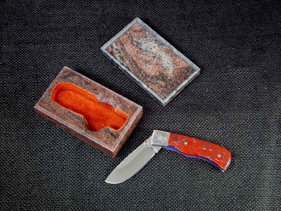 Fine handmade folding knives with solid granite gemstone cases: "Sadr" linerlock folding knife and granite case