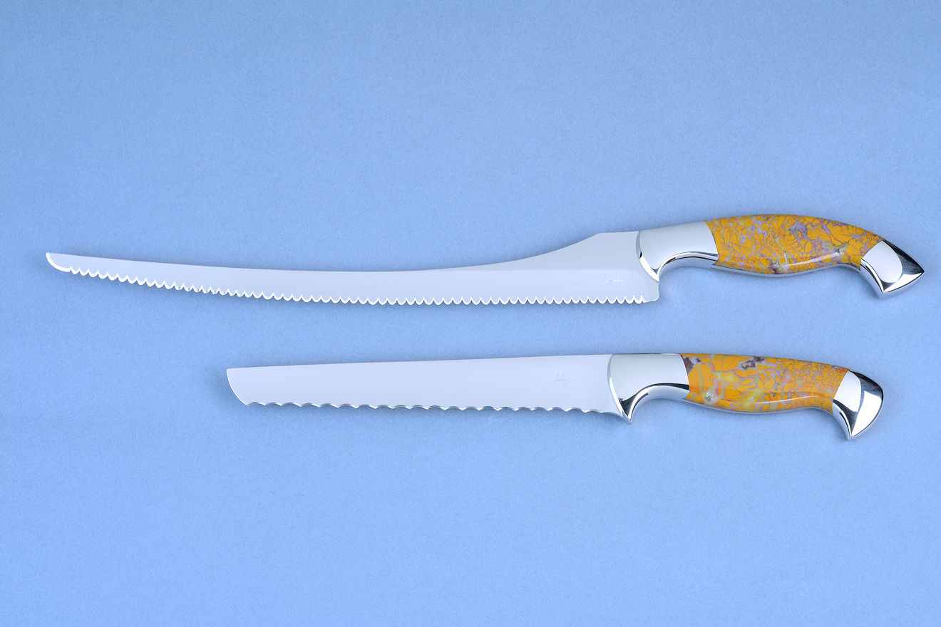 "Sasserides and Courgette"  bread knife pair in T3 cyrogenically treated 440C high chromium stainles steel blades, 304 stainless steel bolsters, Stone Canyon Jasper gemstone handles