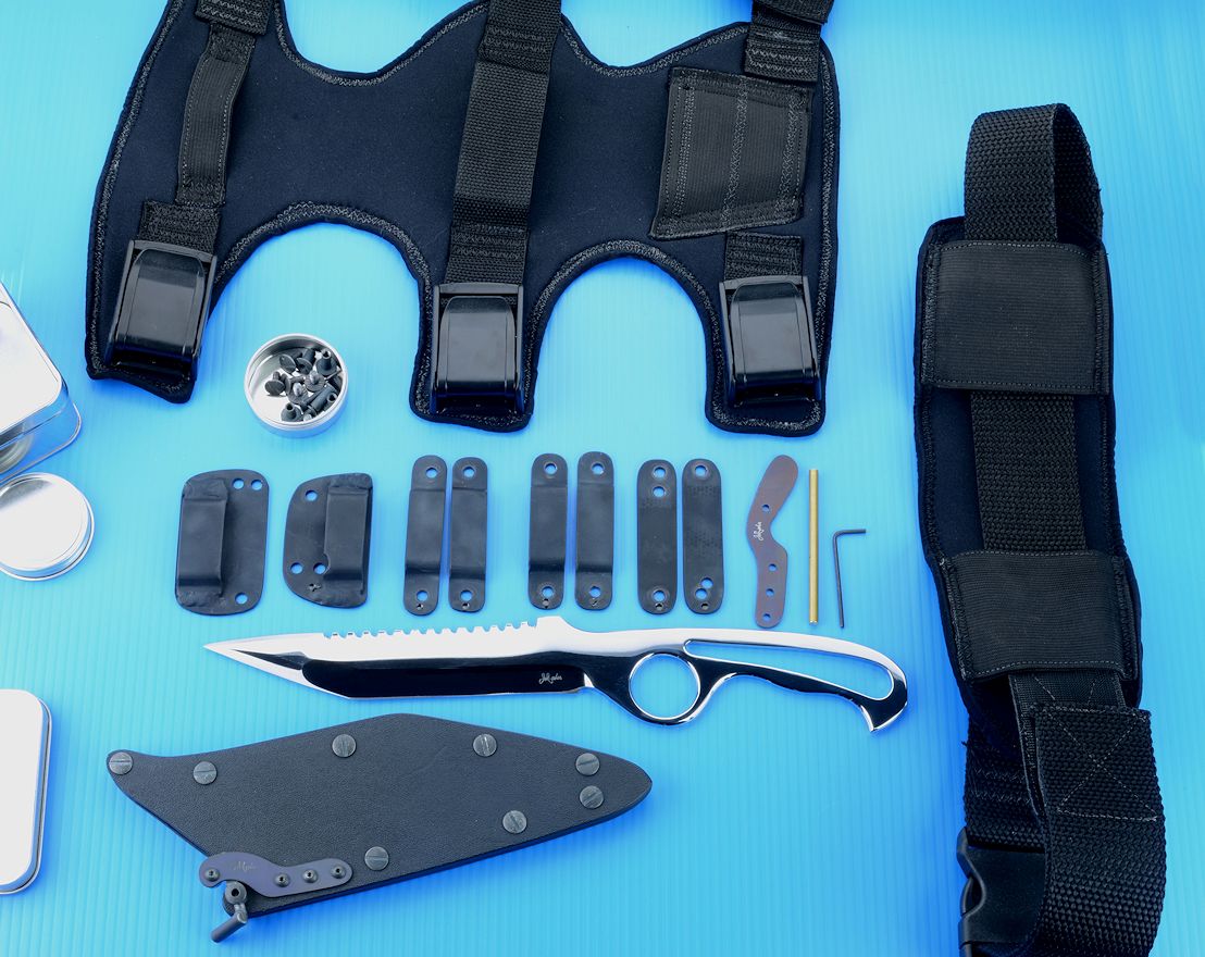 "Synan" counterterrorism dive knife with accessories: hybrid tension lock sheath with cam lock, horizontal belt loop plates, .190" belt loops, .250 belt loops, horizontal/vertical belt strap clamps, thumb relase spring, assembly tools, stainless steel hardware, Dive Calf Accessory Mount, Dive Belt Accessory Mount, storage containers