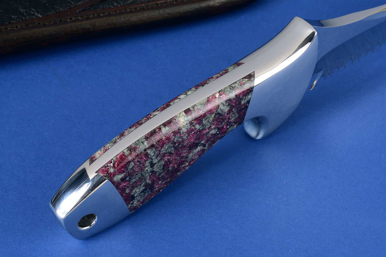 "Taibhse" in CPM154CM high molybdenum powder metal technology stainless steel blade, 304 stainless steel bolsters, Eudialite gemstone handle, hand-carved leather sheath inlaid with Emu skin