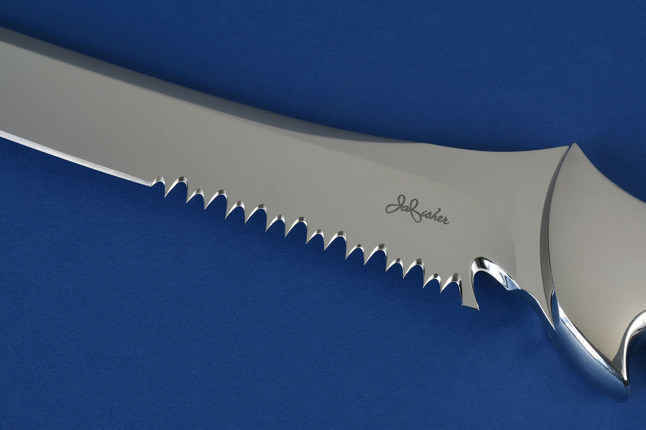 "Taibhse" obverse side view in CPM154CM high molybdenum powder metal technology stainless steel blade, 304 stainless steel bolsters, Eudialite gemstone handle, hand-carved leather sheath inlaid with Emu skin