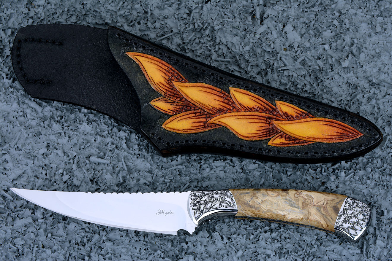 "Talitha" obverse side view in 440c high chromium stainless steel blade, hand-engraved 304 stainless steel bolsters, Fossil Cretaceous Algae Jasper gemstone handle, hand-carved, hand-dyed leather sheath