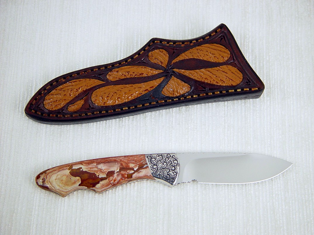 "Thuban" reverse side view in 440C high chromium stainless steel blade, hand-engraved 304 stainless steel bolsters, Antelope Jasper gemstone handle, shark skin inlaid in hand-carved leather sheath