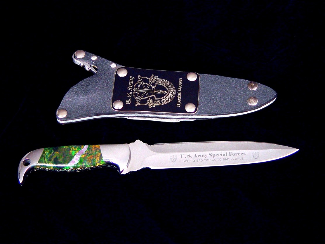 "Treatymaker LT" in mirror polished and etched ATS-34 high molybdenum stainless steel blade, 304 stainless steel bolsters, Budstone (verdite) gemstone handle, locking kydex, aluminum, stainless steel sheath