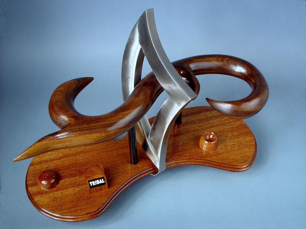 "Tribal" stand for fine handmade custom knife in 304 stainless steel, hand-carved American black walnut, mesquite, and lauan hardwoods