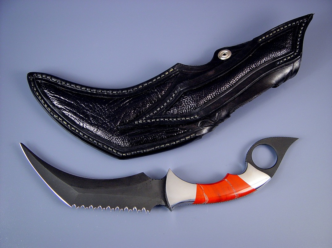 "Triton" kerambit, reverse side view: O-1 high carbon tool steel blade, carbon steel bolsters, Red River Jasper gemstone handle, ostrich leg skin inlaid in hand-carved leather sheath